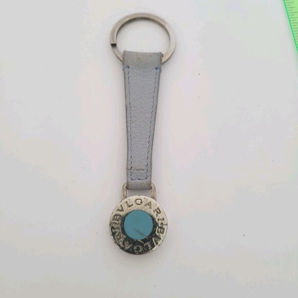 Authentic BVLGARI Key Bag Charm Metal Leather Silver Blue Tone Designer Fair - Picture 1 of 7